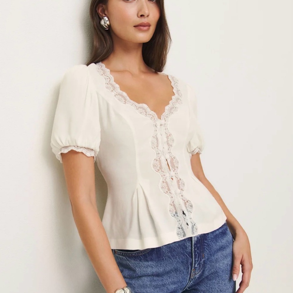 Reformation Ivory Lace Trim Blouse